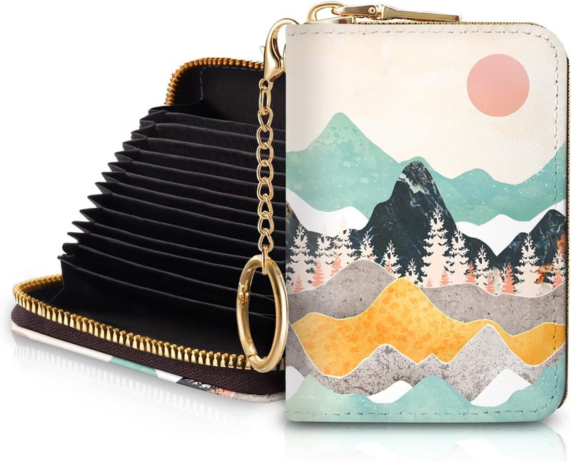 Blusabaca RFID Credit Card Holder Wallets for Women, Sunset Sunrise Mountain Small Card Case Wallet with Keychain and Zipper, Leather Card Holder Pocket Business Card Accordion Wallet - Image 1